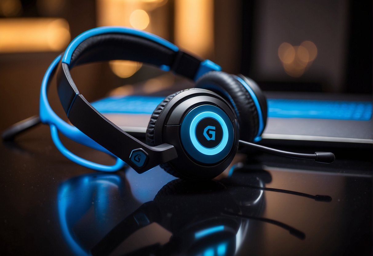 A Logitech G430 gaming headset sits on a desk, with its adjustable microphone and volume control prominently displayed. The sleek design and comfortable ear cups are visible, showcasing the headset's usability and features