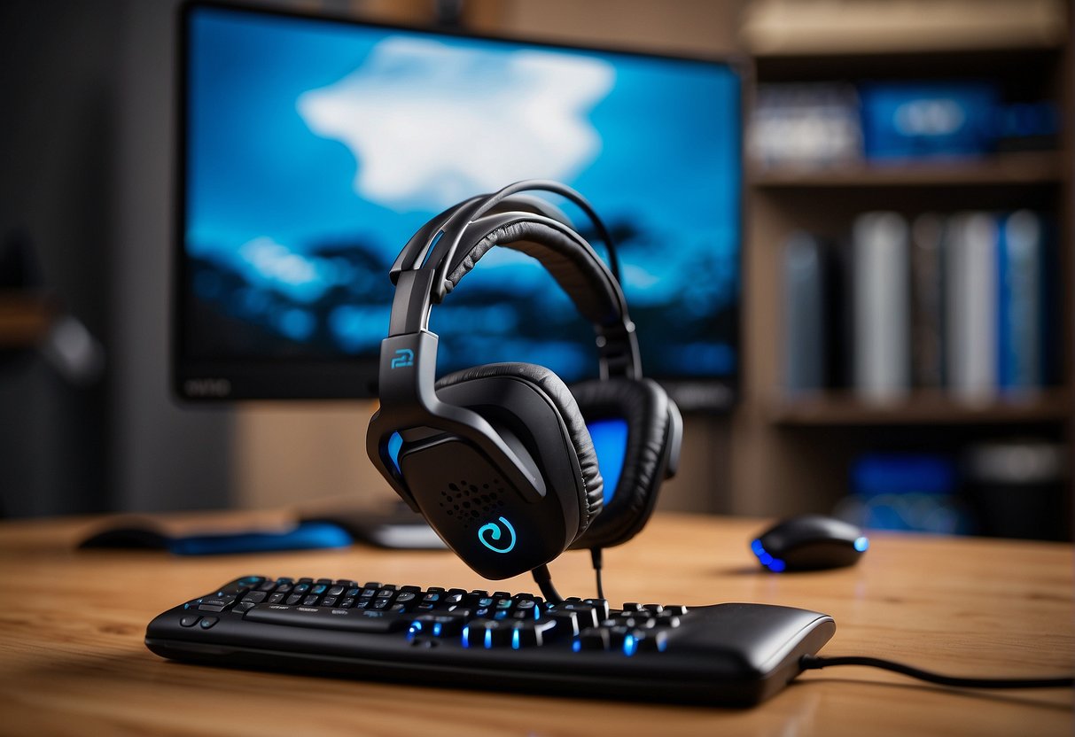 A Logitech G430 gaming headset is plugged into a computer, with the microphone positioned near the user's mouth for clear communication