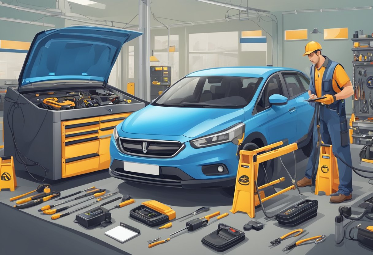 A mechanic uses diagnostic tools to troubleshoot and fix a car's park assist system, with various tools and equipment scattered around the work area