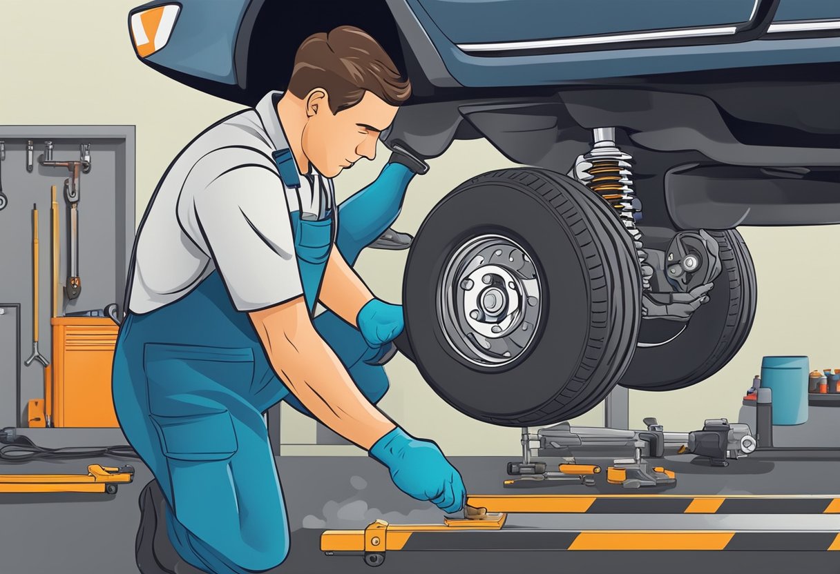 A mechanic replaces a leaking shock absorber with a new one in a garage setting