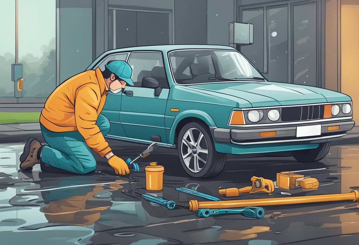 A car with leaking shocks parked on a wet driveway.

A mechanic inspecting and repairing the shocks with tools and replacement parts nearby