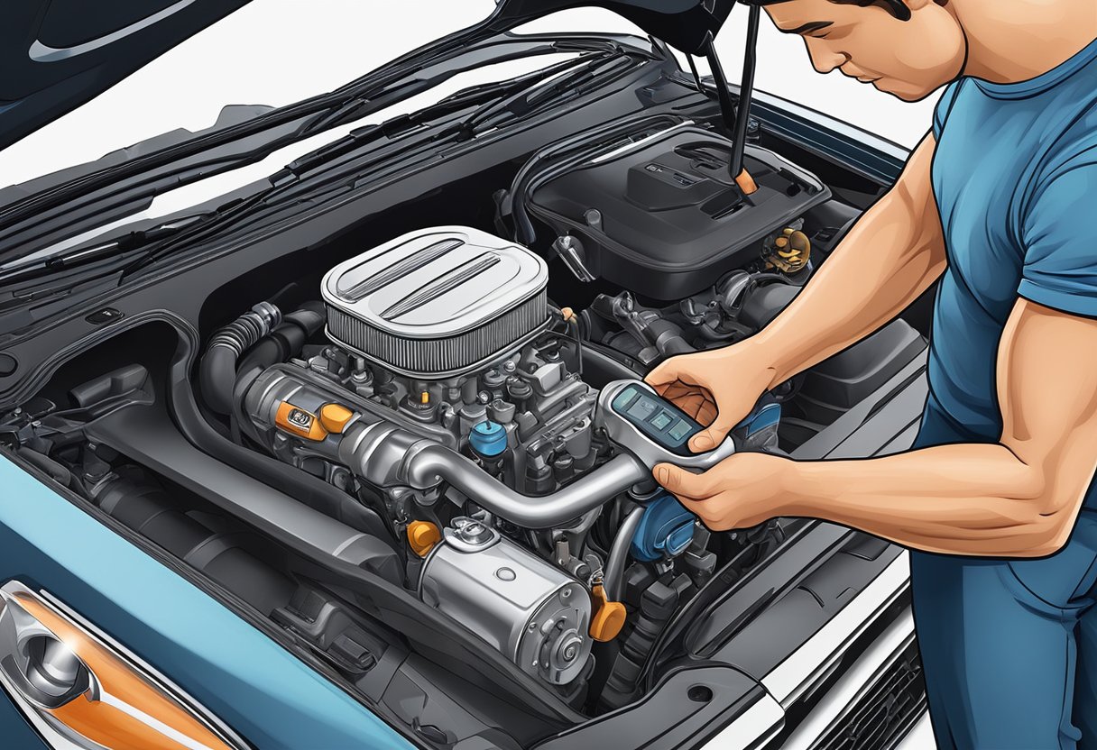 A mechanic examining a car engine with diagnostic tools, pointing to bank 2 while explaining rich fuel mixture