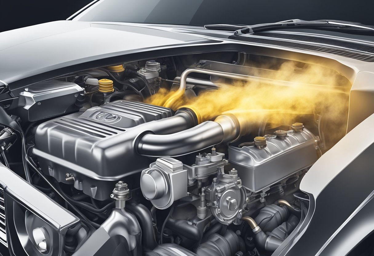 A car engine with smoke coming out from the exhaust, indicating a rich fuel mixture in bank 2 due to the P0175 trouble code
