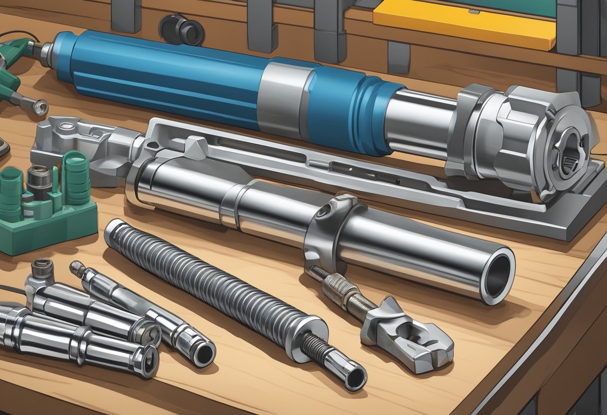 A spark plug wrench sits next to a torque wrench on a workbench, surrounded by a set of spark plugs and a repair manual