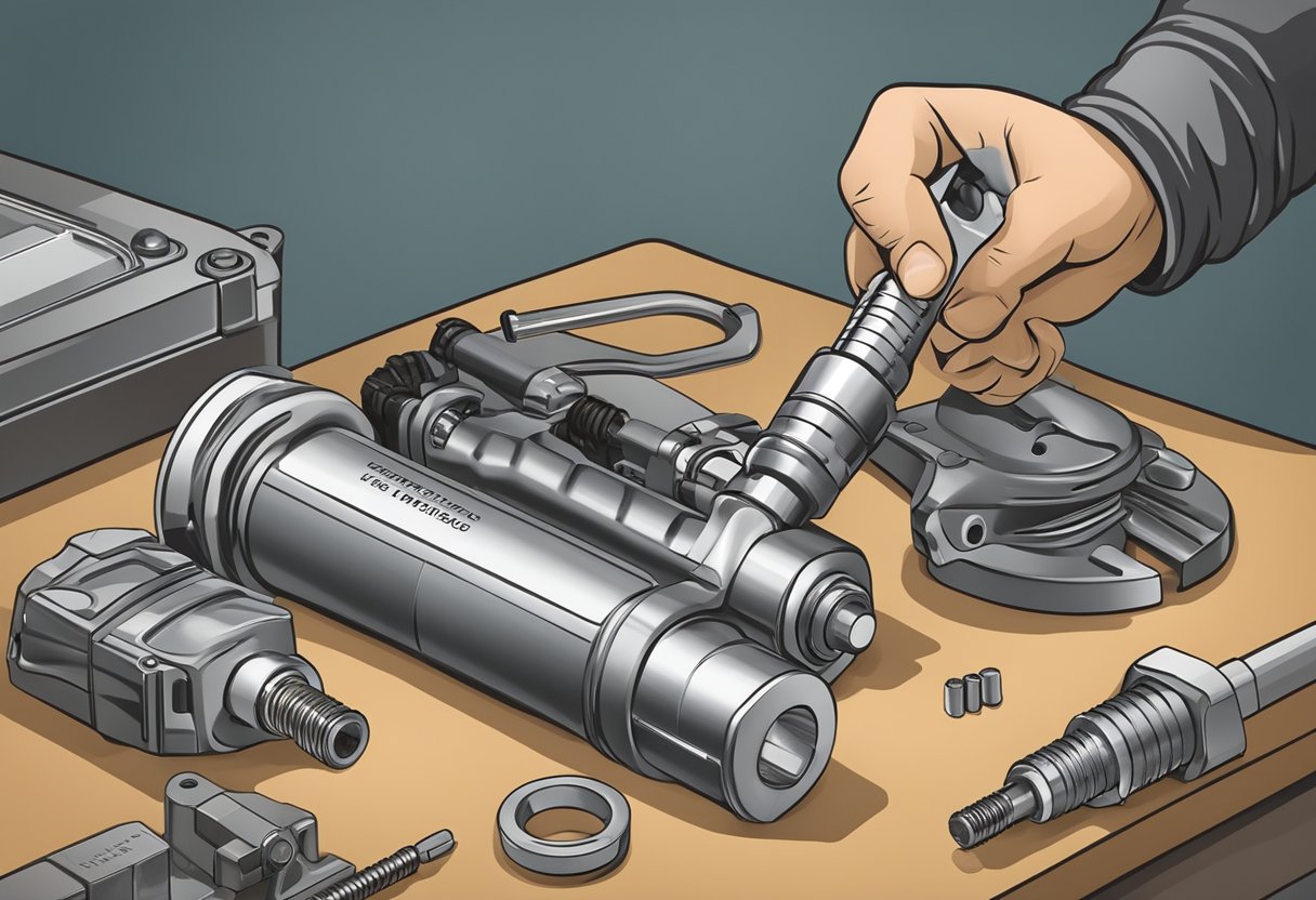 A wrench tightening a spark plug with the correct torque specification labeled nearby. An open manual on a workbench