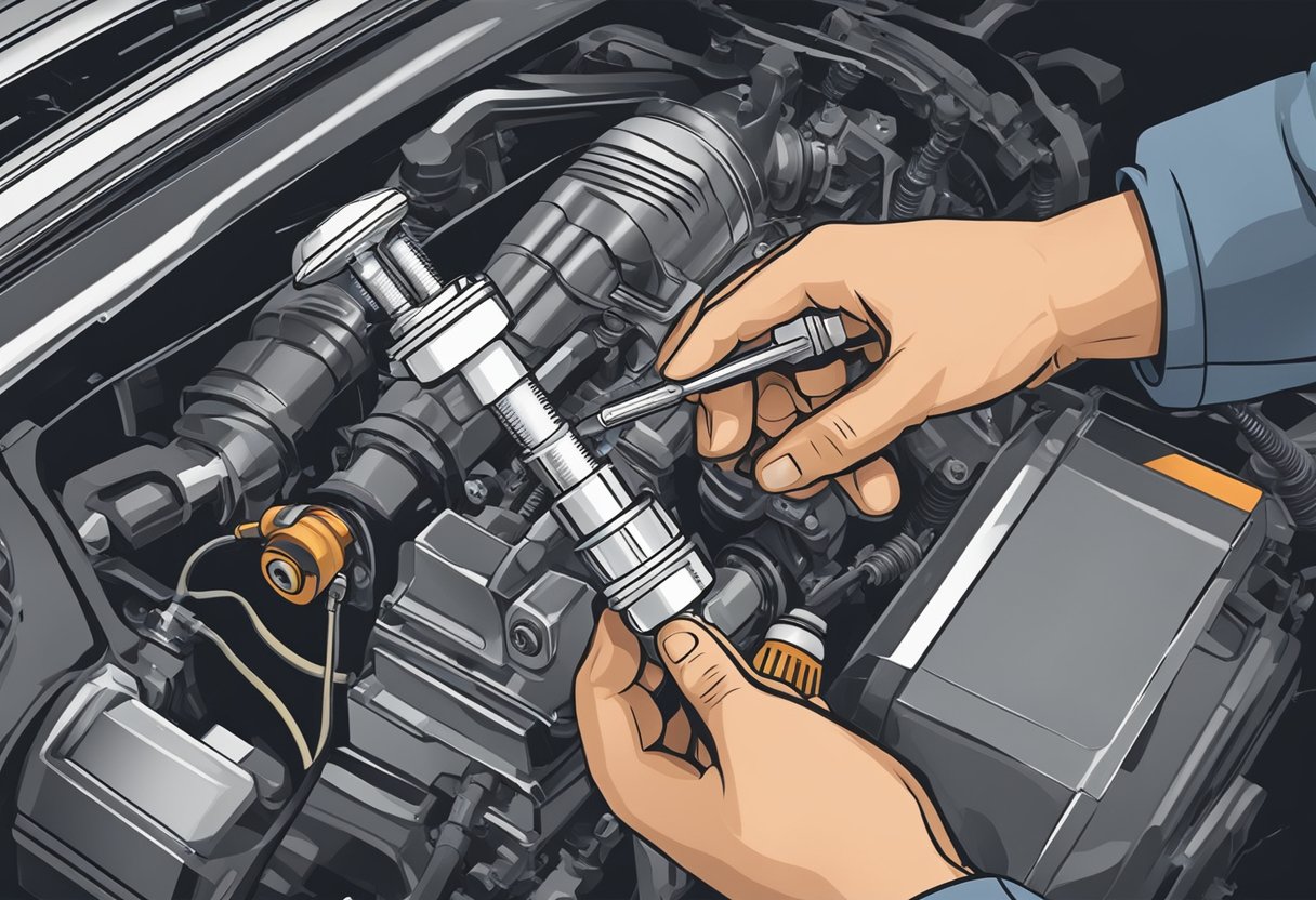 A hand holding a spark plug, inserting it into the engine, and tightening it with a torque wrench