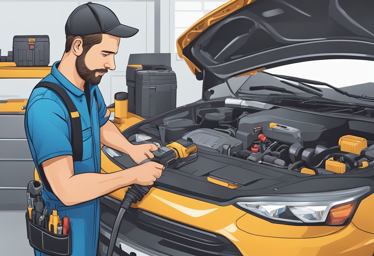 A mechanic fixing a car's ABS system with a diagnostic tool
