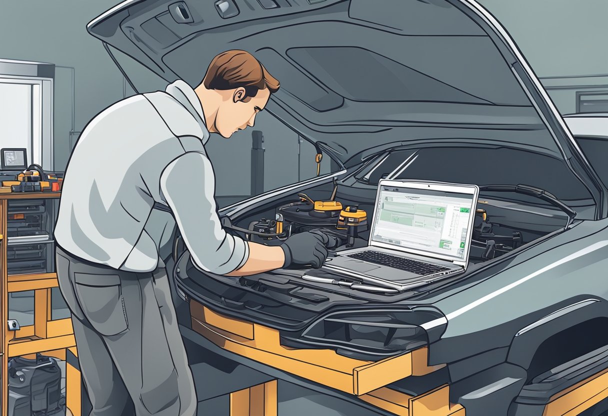 A technician fixing a car's ABS control module with a laptop and diagnostic tool on a clean, well-lit workbench
