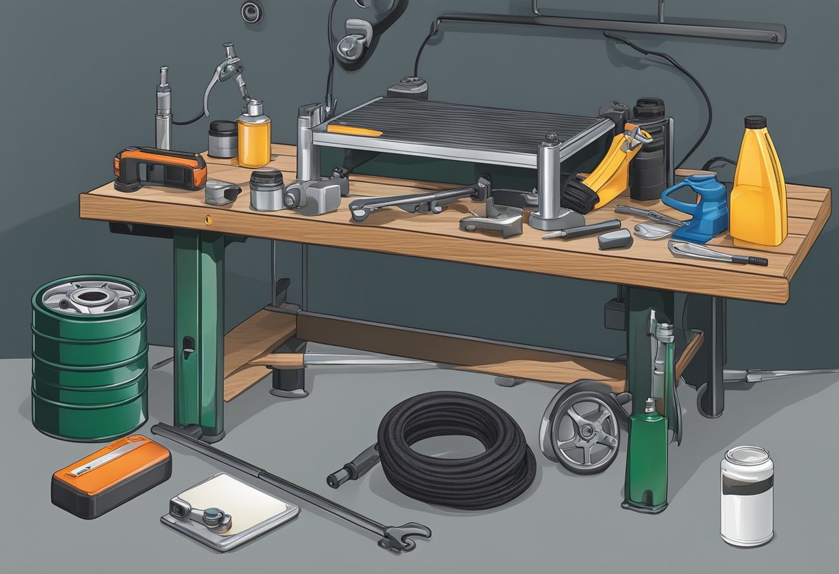 A garage workbench with tools, transmission fluid, and a car jack. A leaking transmission with visible damage