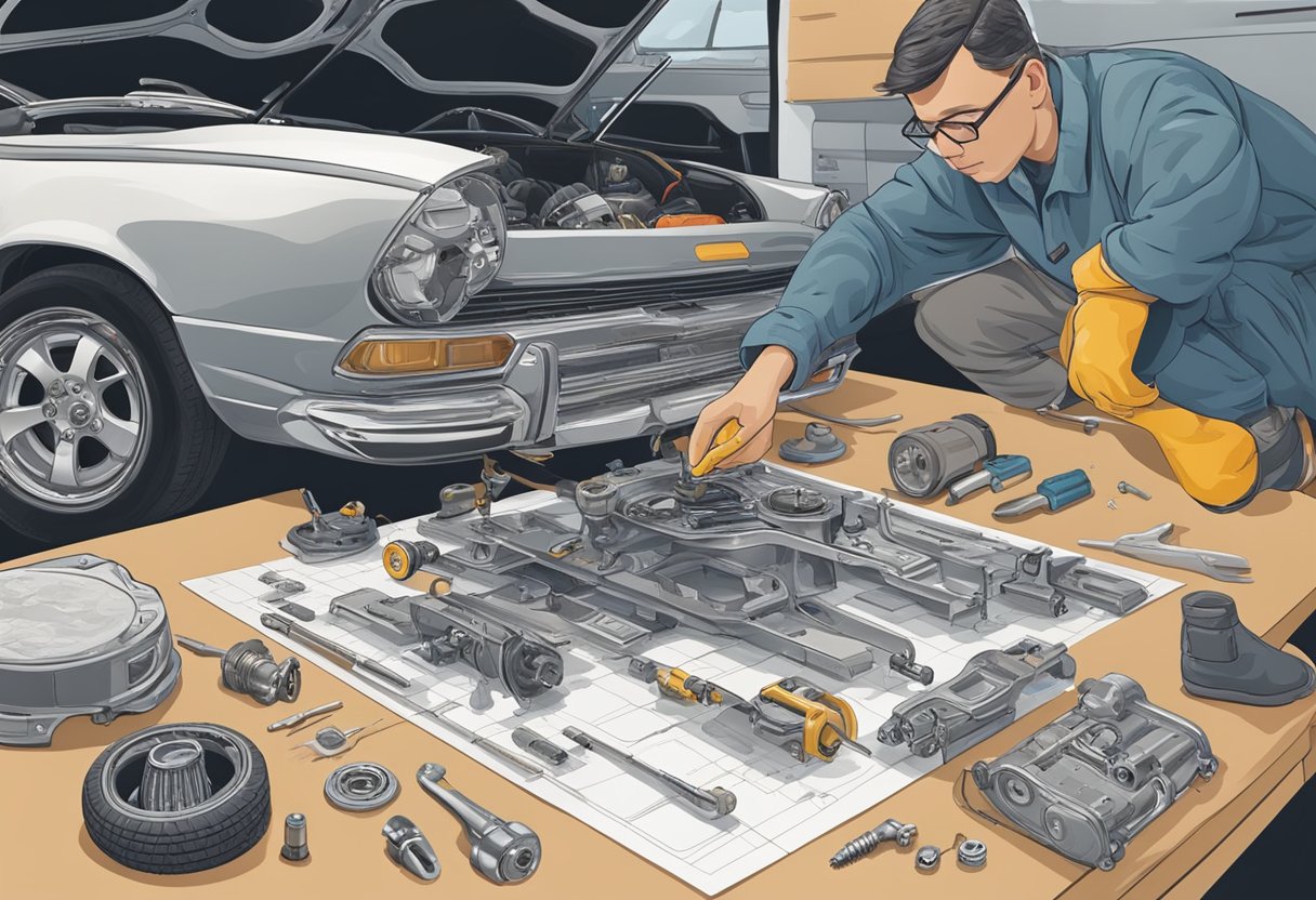 A car with a visible leak underneath, a person inspecting the transmission, tools and parts scattered around, and a step-by-step guide open on a table