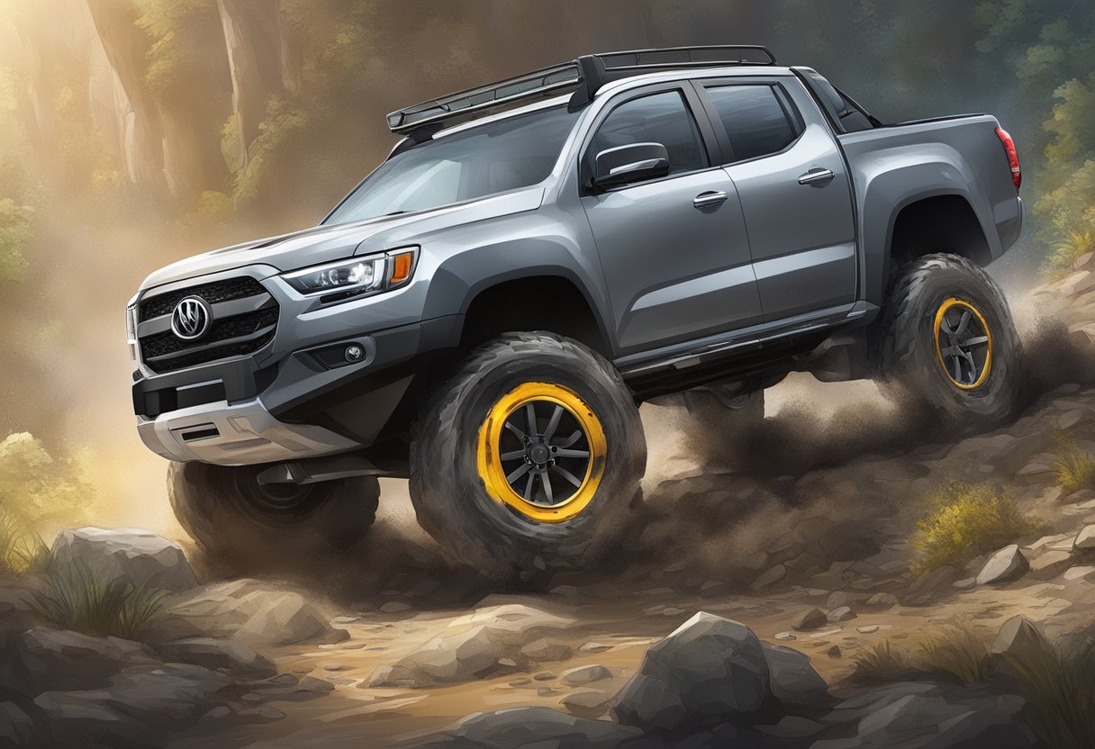 A vehicle with AWD lock engaged powers through a muddy, uneven terrain, maintaining stability and traction.

The wheels are visibly locked in sync, providing enhanced performance
