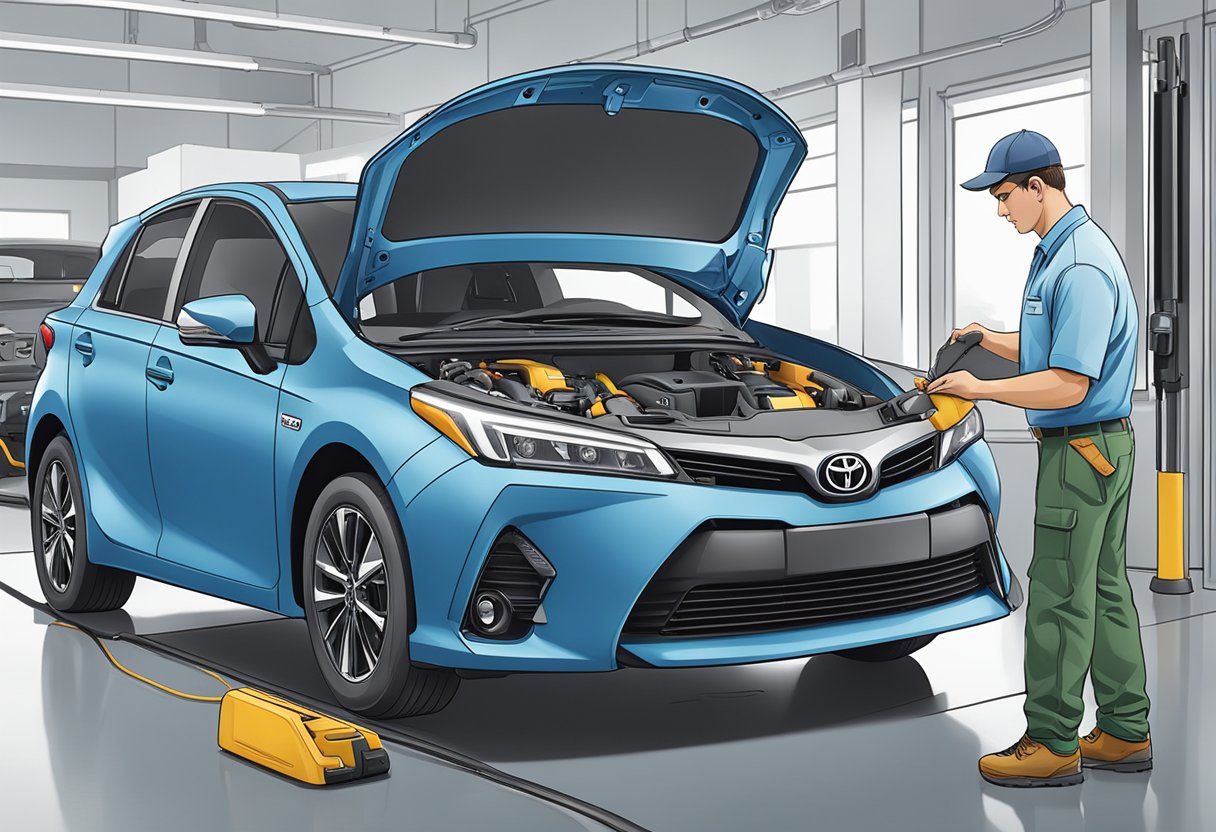 The scene shows a diagnostic tool connected to a Toyota vehicle displaying the P1135 trouble code, with a technician analyzing and working on the car