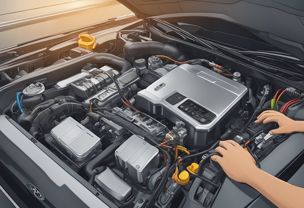 A Toyota engine with diagnostic tools connected, displaying P1135 code. A mechanic analyzing data and brainstorming solutions