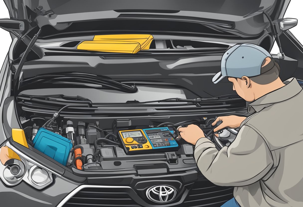 A mechanic diagnosing a Toyota P1135 code with tools and diagnostic equipment, analyzing data and identifying potential solutions