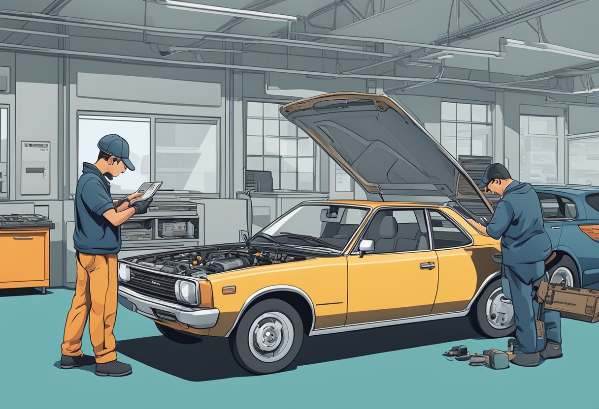 A mechanic examines a Toyota engine, diagnosing P1135 code with tools and manuals nearby for troubleshooting