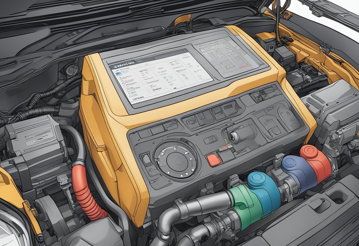 A Toyota engine with diagnostic equipment connected, displaying P1135 code. Tools and replacement parts nearby