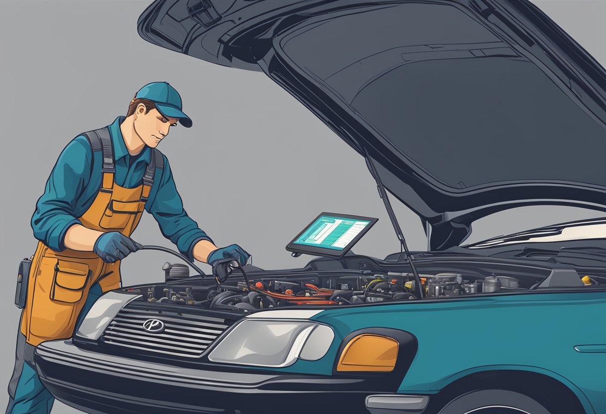 A mechanic examines a car's transmission system with diagnostic tools and a laptop, addressing a P0700 code alert
