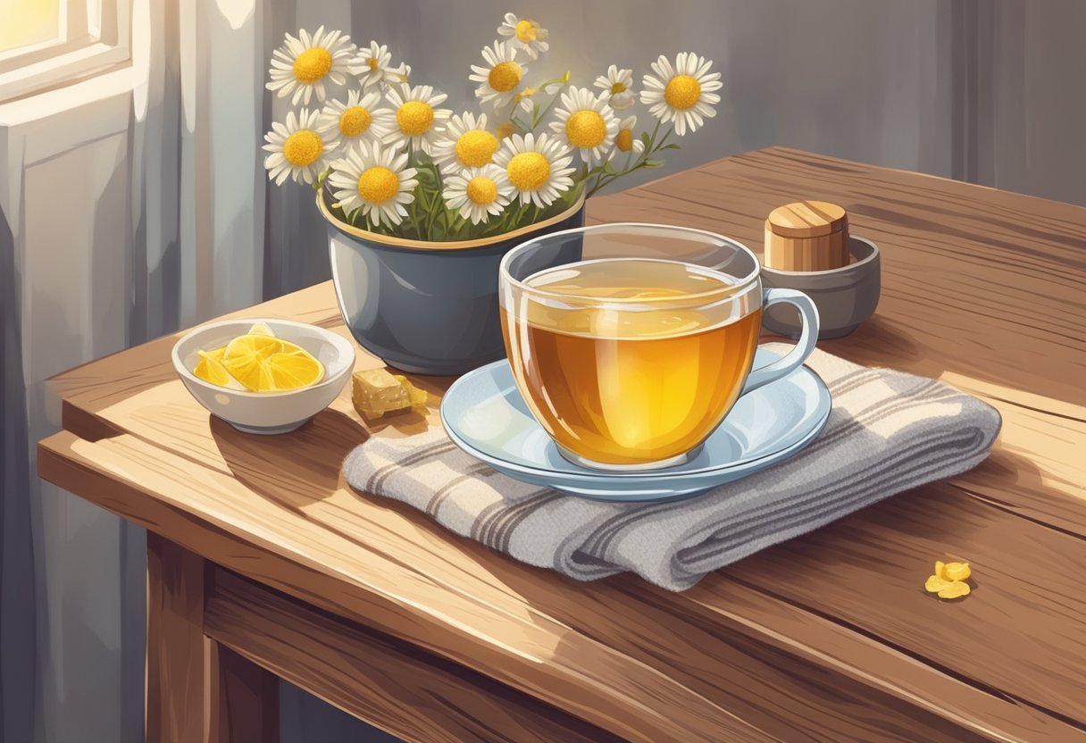 A steaming cup of chamomile tea with honey and lemon sits on a wooden table next to a box of tissues and a cozy blanket