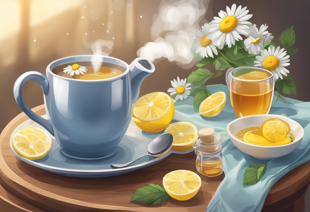 A steaming cup of chamomile tea with honey and lemon sits on a cozy table, surrounded by tissues and a soothing vaporizer