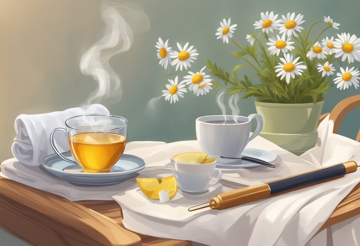 A steaming cup of chamomile tea sits on a cozy table, surrounded by tissues and a thermometer. A warm blanket is draped over a chair in the background
what type of tea is best for colds