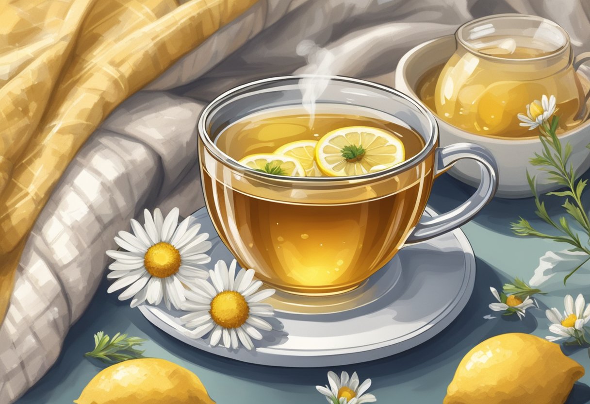 A steaming cup of chamomile tea with lemon and honey sits on a cozy table, surrounded by tissues and a comforting blanket what type of tea is best for colds
