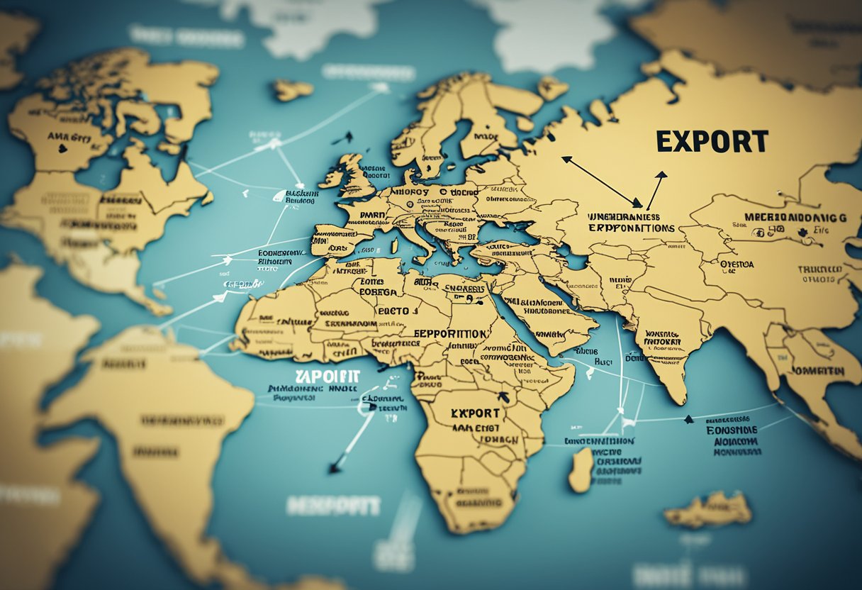 A world map with highlighted export destinations and arrows pointing from a factory to different countries. Text "Understanding the Export Market - How to Start Exporting" displayed prominently