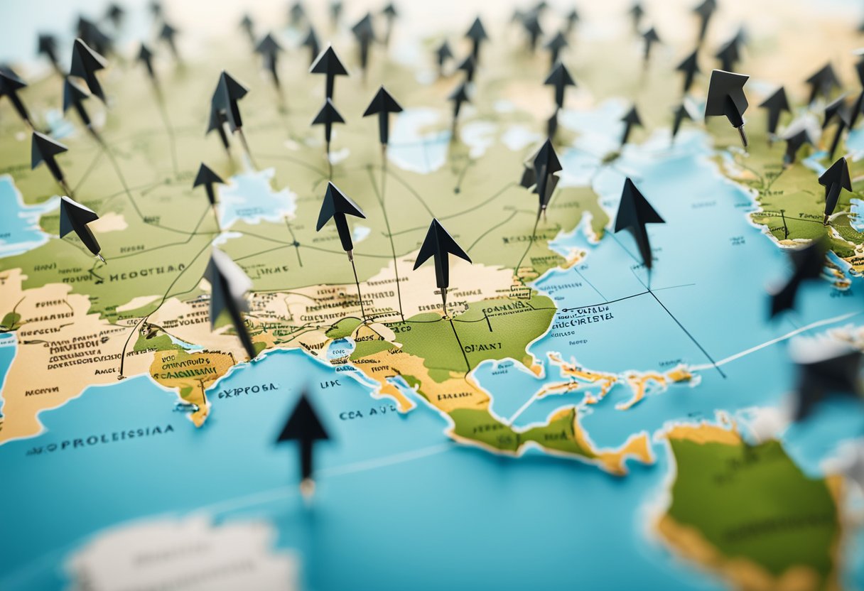 A world map with arrows pointing from a factory to different countries, representing strategic planning for exporting