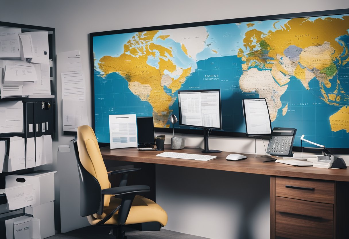 A desk cluttered with paperwork, a computer displaying export regulations, and a world map on the wall. A person writing notes and making phone calls