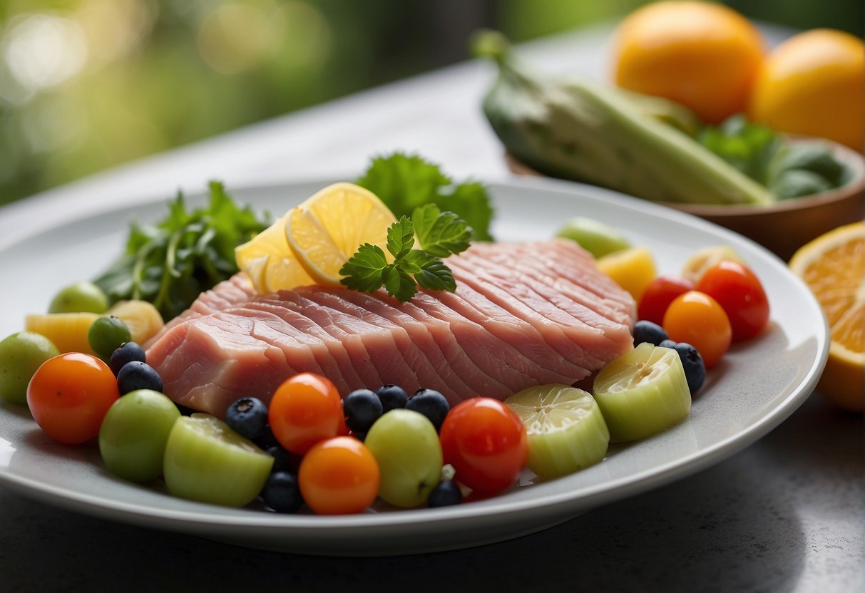 A small dish of tuna sits on a clean surface, surrounded by bird-friendly fruits and vegetables