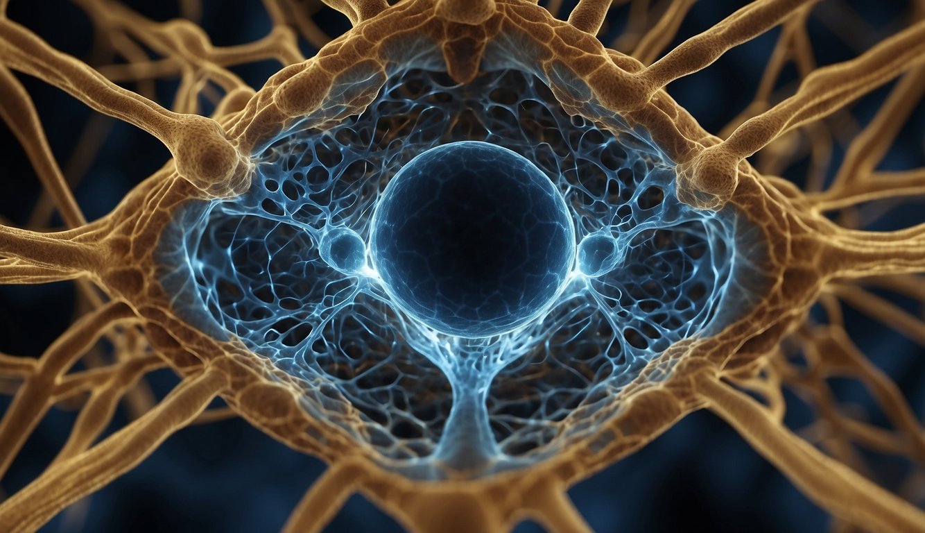 A glowing pineal gland emits energy, surrounded by microscopic cells and vessels, showcasing both health and pathology