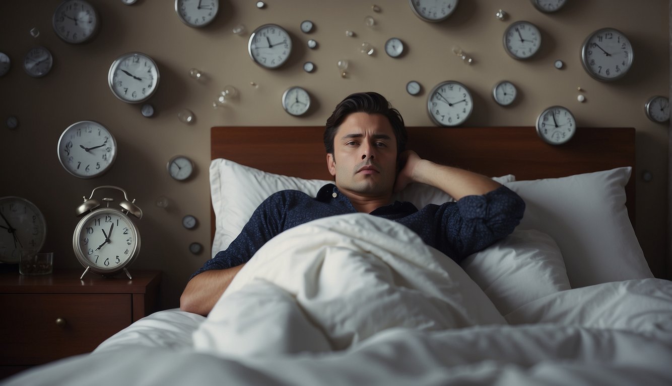 A person lying awake in bed, surrounded by ticking clocks and scattered pills, with a frustrated expression