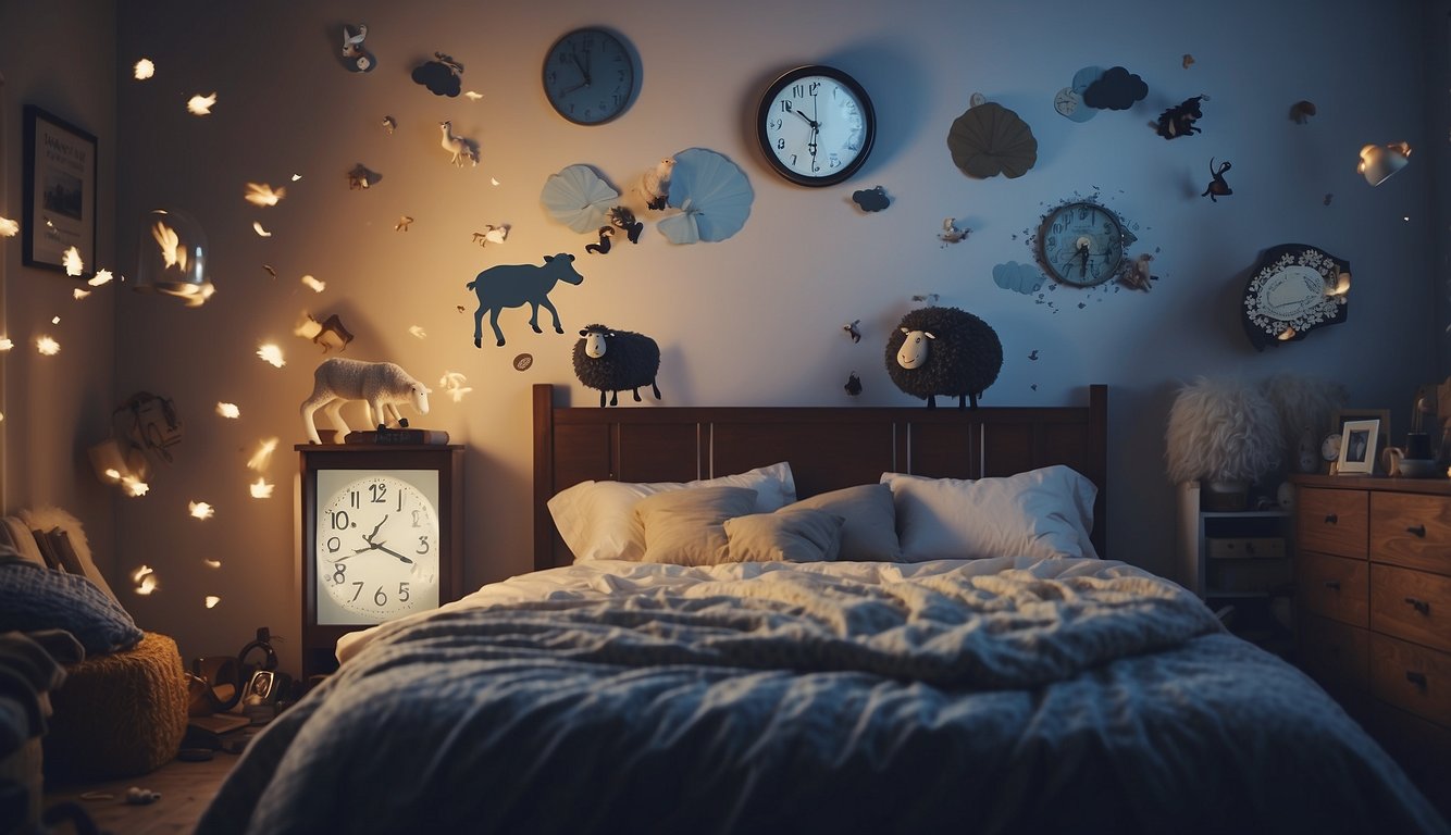 A cluttered, chaotic bedroom with a clock showing 3am, a person tossing and turning in bed, and a thought bubble filled with sheep jumping over a fence