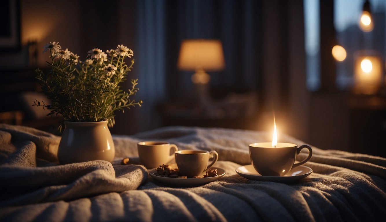 A cozy bedroom with dim lighting, a warm cup of herbal tea, and soothing music playing in the background