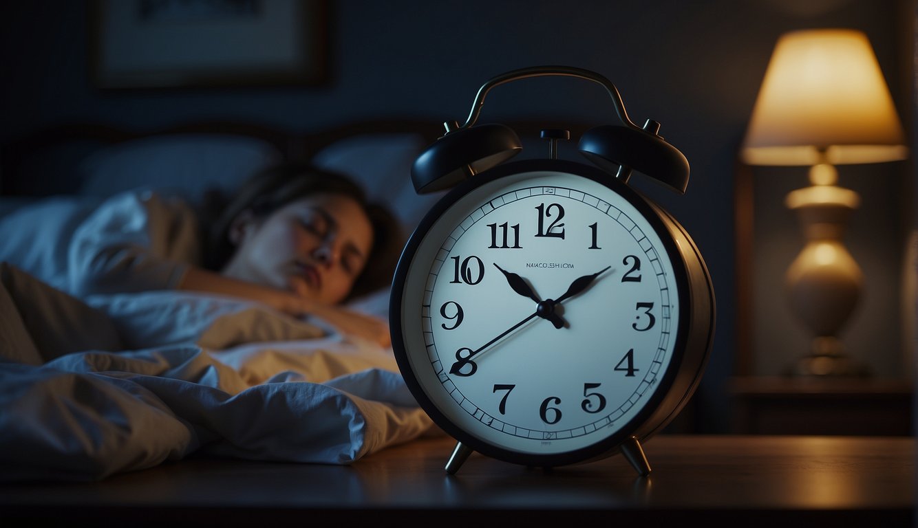 A person lying awake in bed, surrounded by a dark and quiet room, with a clock on the nightstand showing the passing hours