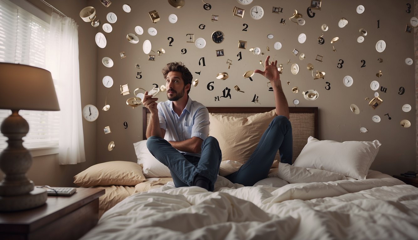 People tossing and turning in bed, surrounded by clocks showing different times. A thought bubble with question marks hovers above their heads