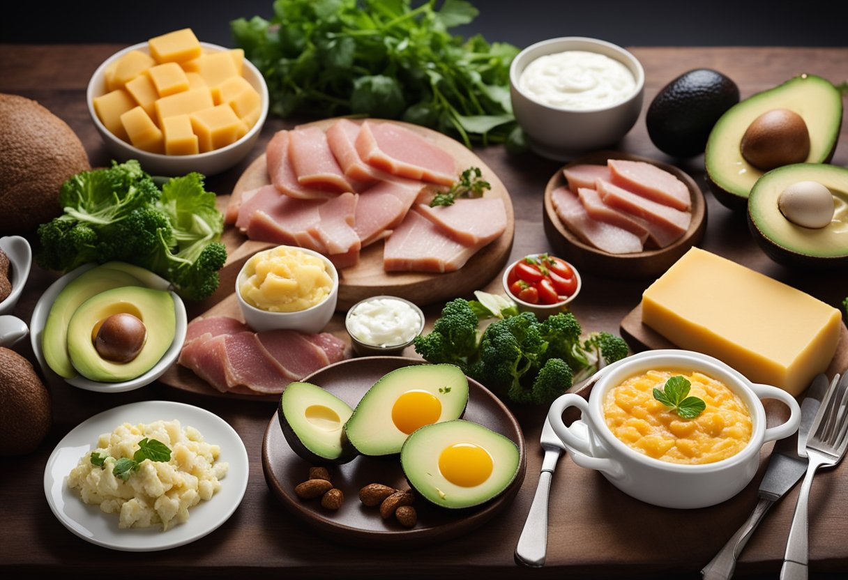 A table with low-carb foods, like meats, eggs, and vegetables, next to a plate of high-fat options, such as avocado and cheese