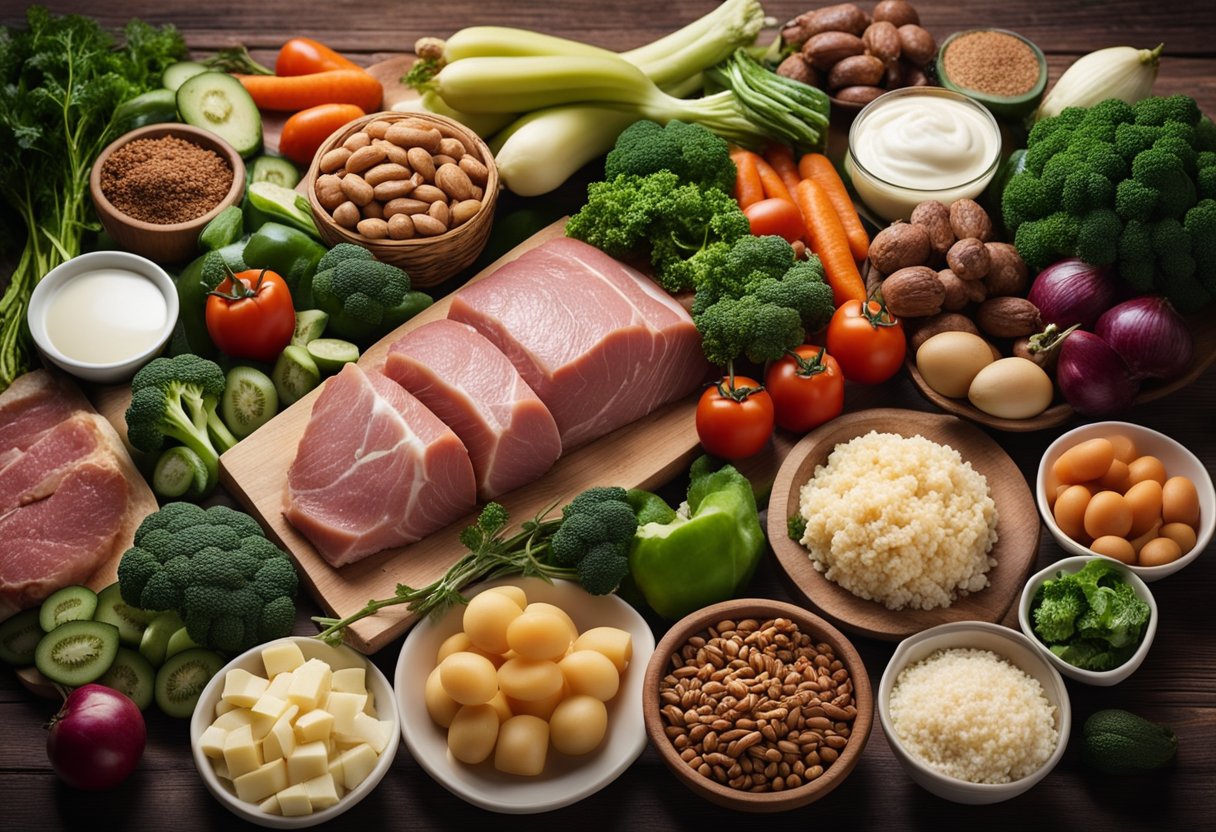 A table with various low-carb foods, such as vegetables, meats, and dairy, along with a list of guidelines for a ketogenic diet