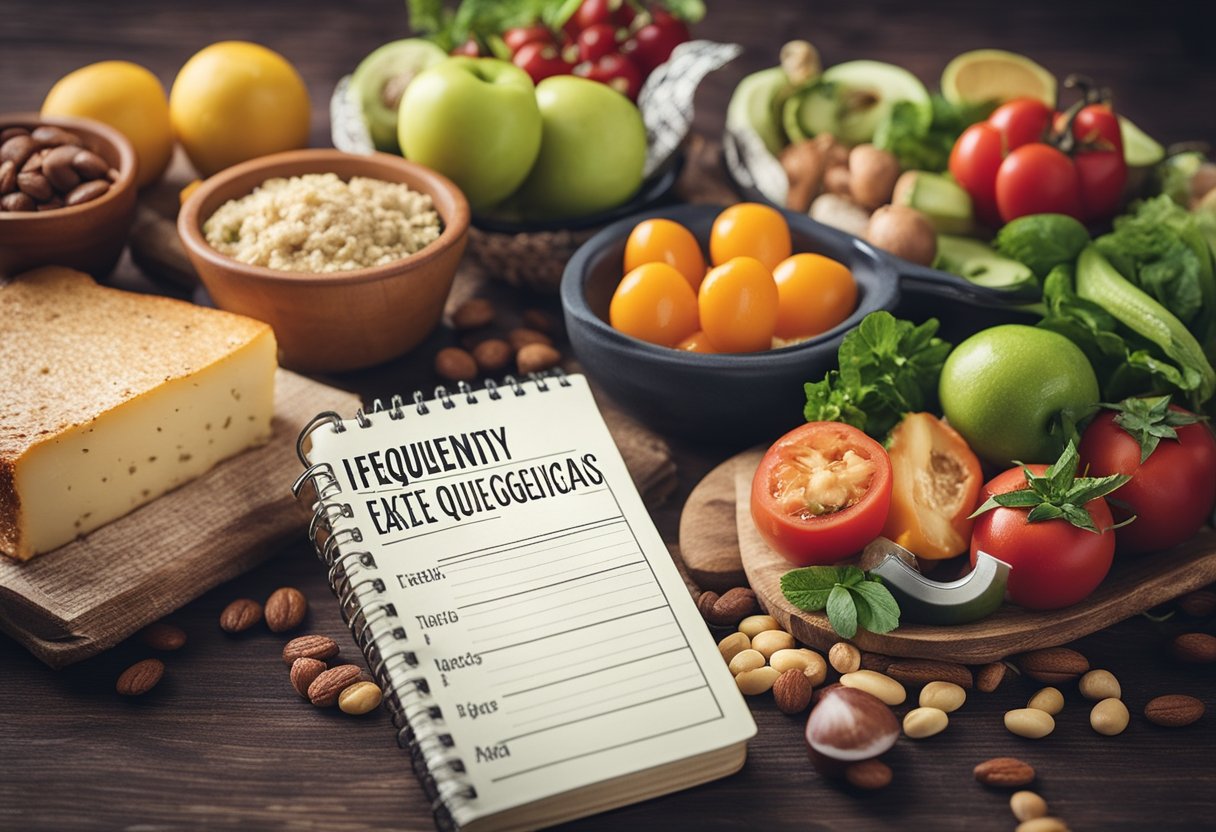 A book with "Frequently Asked Questions O que � dieta cetog�nica" on the cover, surrounded by various keto-friendly foods and a measuring tape