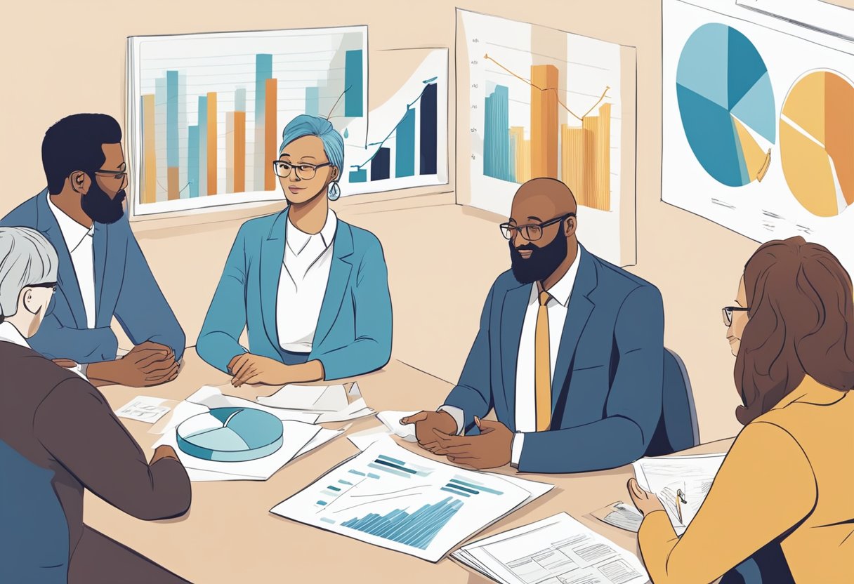 A group of people engage in a discussion, pointing to charts and diagrams that illustrate the benefits of permanent loc extensions. The atmosphere is focused and attentive, with an emphasis on addressing concerns and misconceptions
