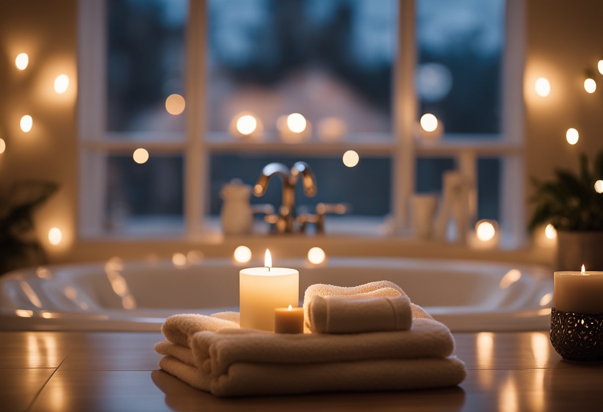 A serene setting with a warm bath, candles, and soothing music. A cozy robe and slippers lay nearby, inviting relaxation and self-care