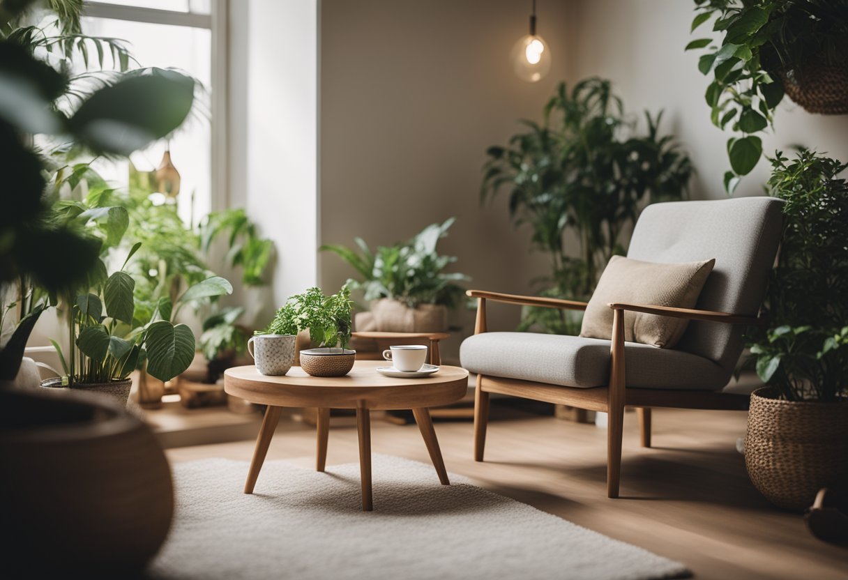 A serene setting with a cozy armchair, soft lighting, and a cup of tea on a side table, surrounded by plants and calming decor