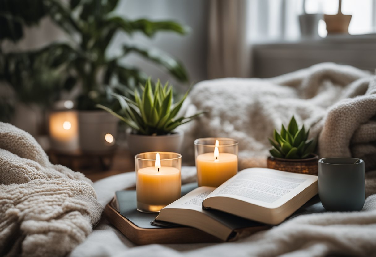 A serene setting with a cozy corner for reading, plants, a calming color scheme, and self-care items like candles, a journal, and a cozy blanket