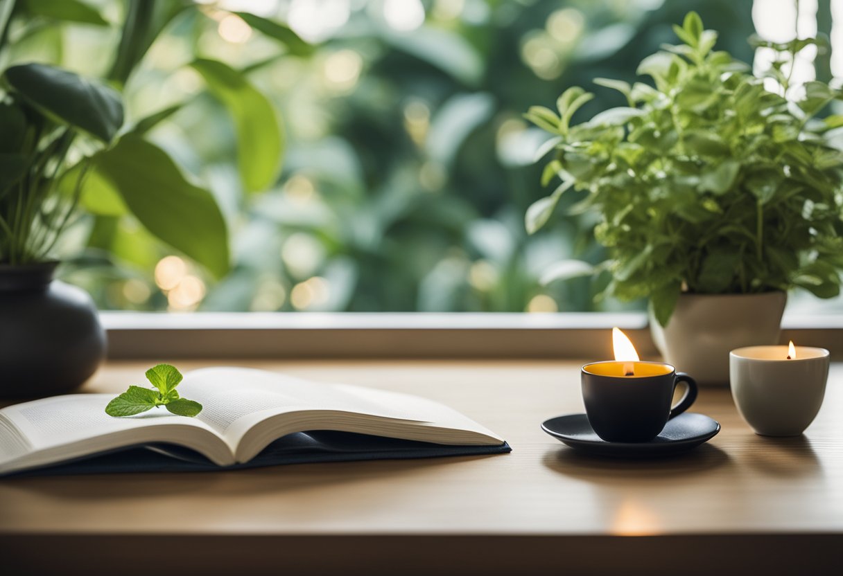 A serene and tranquil setting with a yoga mat, essential oils, a journal, and a cup of herbal tea, surrounded by plants and natural light