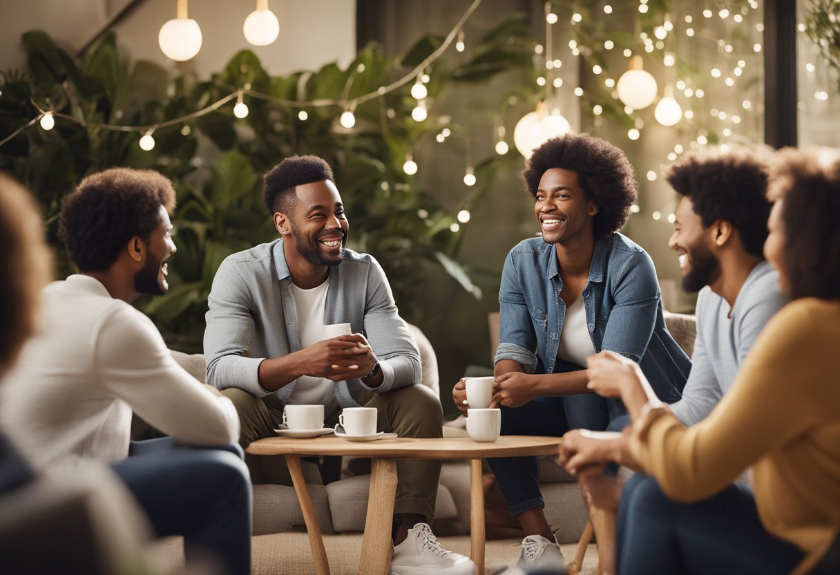 A group of diverse individuals engaged in meaningful conversations, laughing, and enjoying each other's company in a cozy and inviting setting