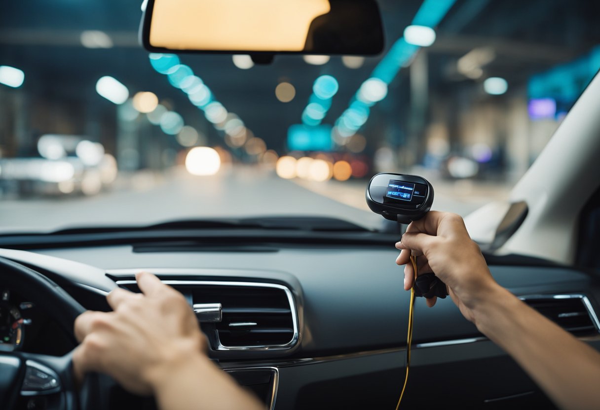 A hand reaches towards the vehicle's dashboard. A sensor is being installed near the rearview mirror. Wires are being connected to the car's electrical system