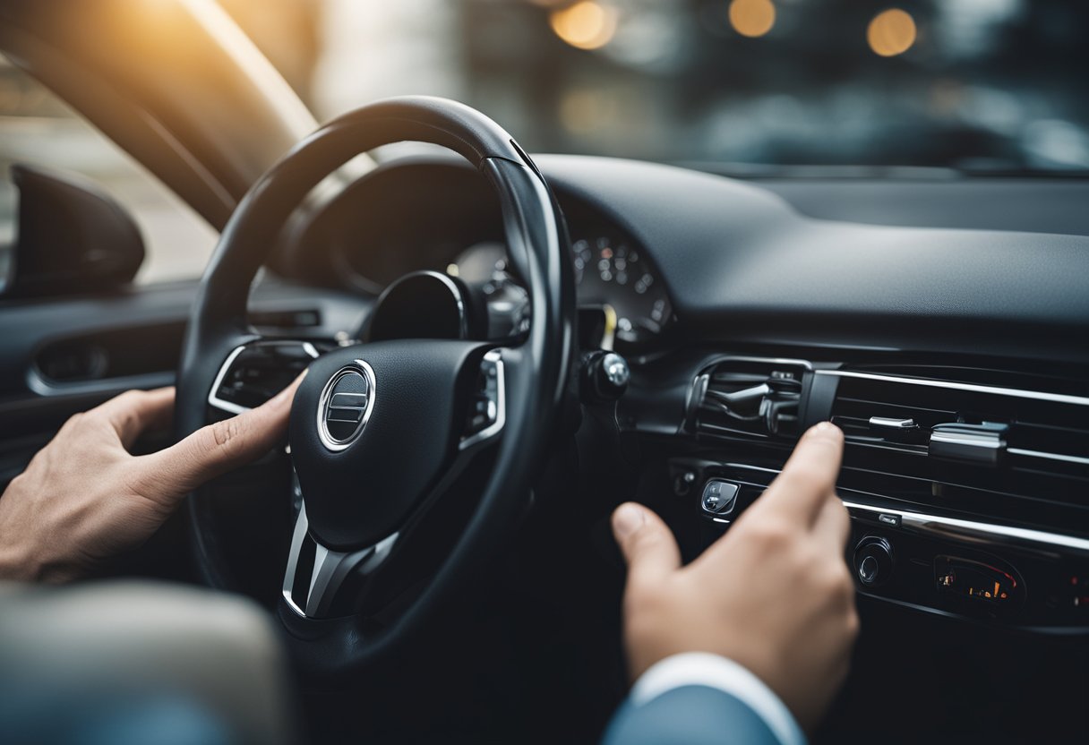 A hand reaches towards the car's dashboard, holding a small sensor. The other hand is shown removing the old headlight switch to make room for the new sensor