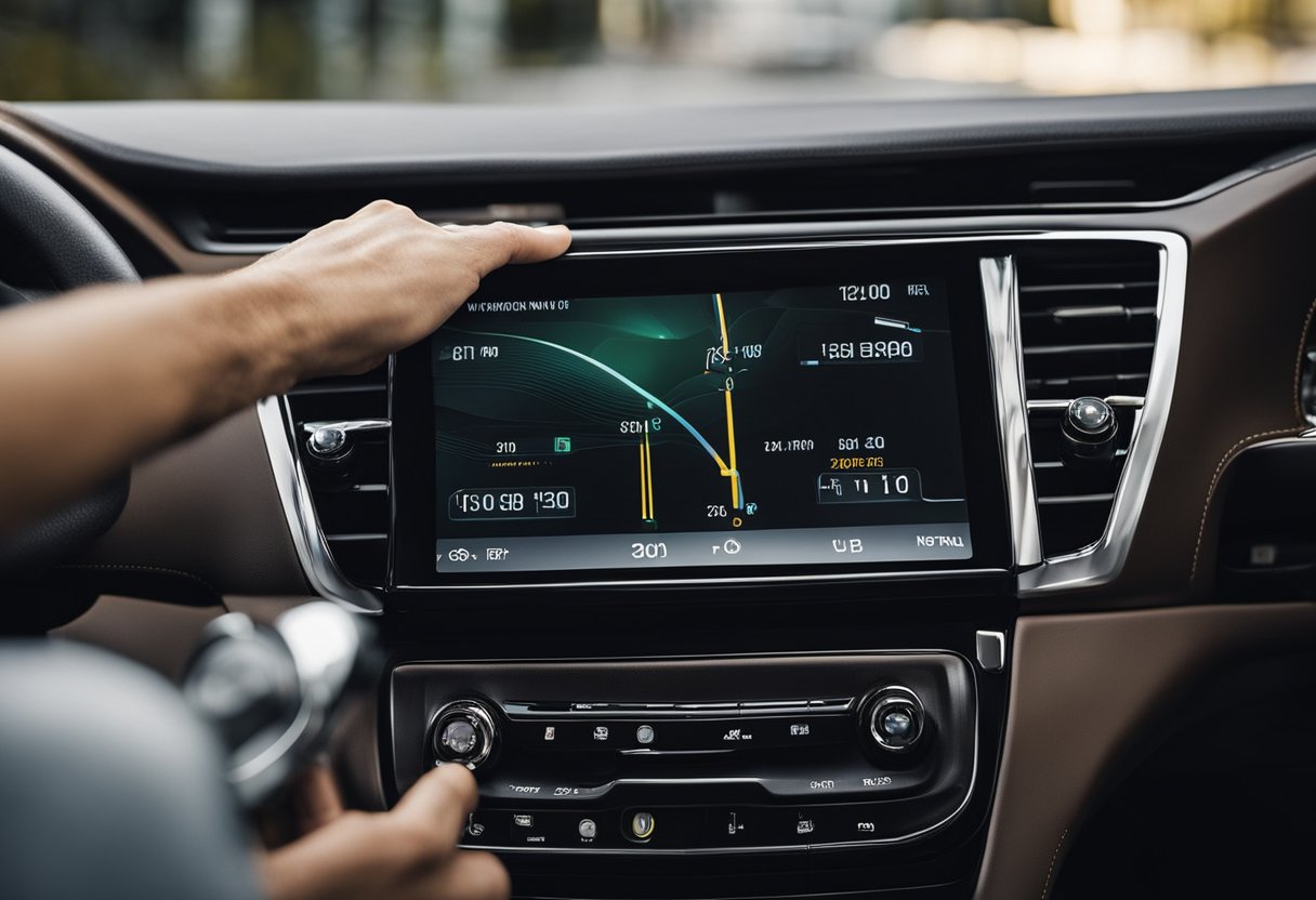 A hand reaches towards the car's dashboard, holding the automatic headlight sensor. The sensor is being carefully installed into the designated slot, with wires being connected to the car's electrical system