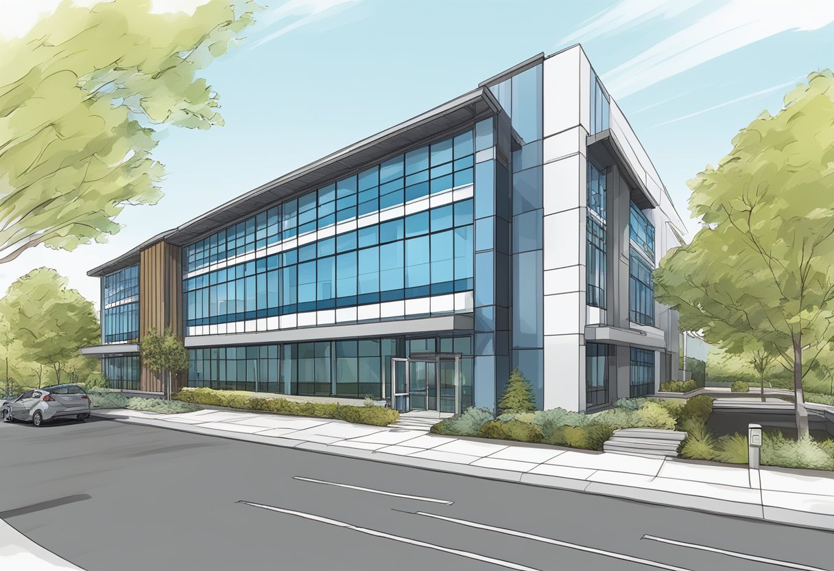 A modern office building with the address "2710 Gateway Oaks Dr Ste 150N, Sacramento, CA 95833" prominently displayed