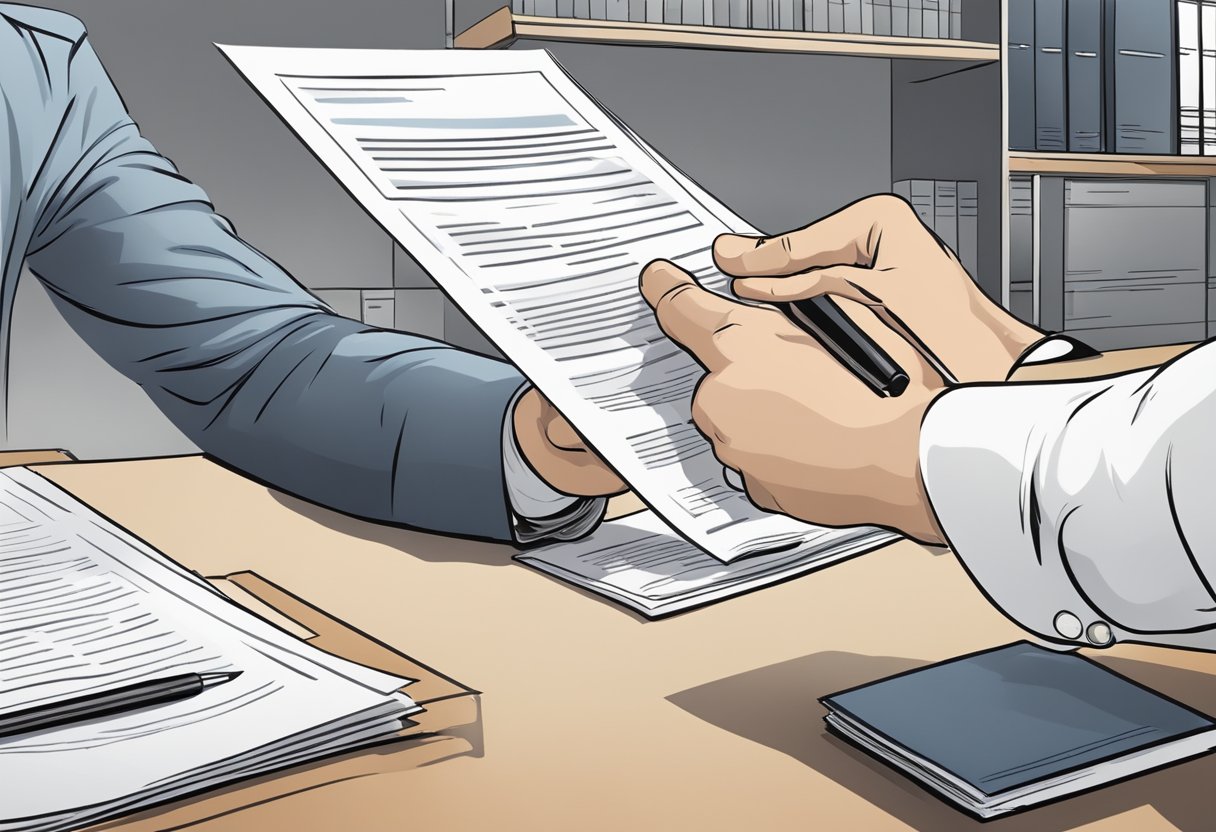 A hand reaches for a legal document on a desk in a professional office setting