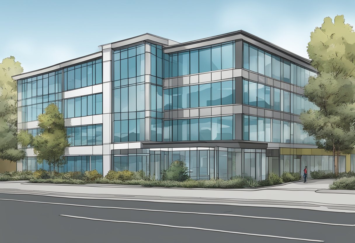 A modern office building with glass windows and a sign reading "2710 Gateway Oaks Drive Suite 150N Sacramento CA 95833" in front